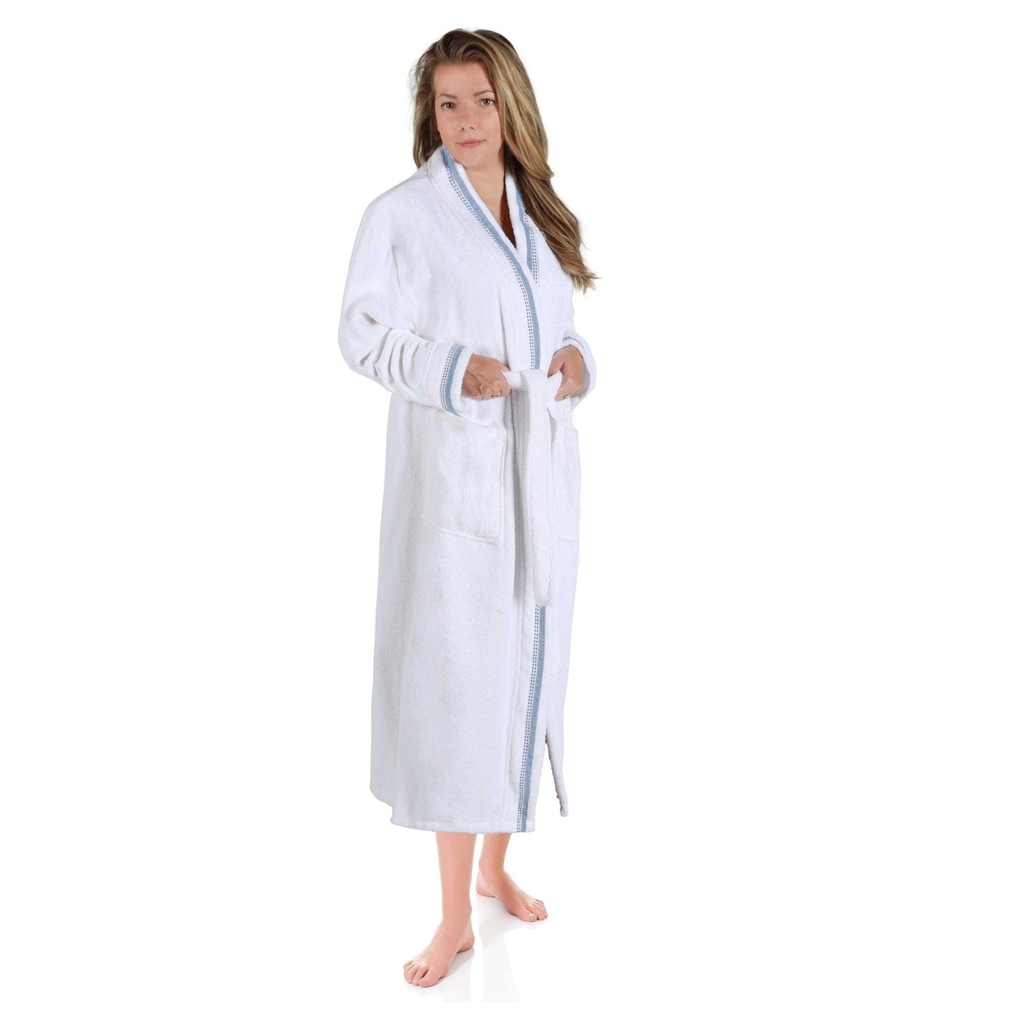 Turkish Cotton Terry Kimono Embroidered Super-Soft Unisex Bathrobe - White-Blue