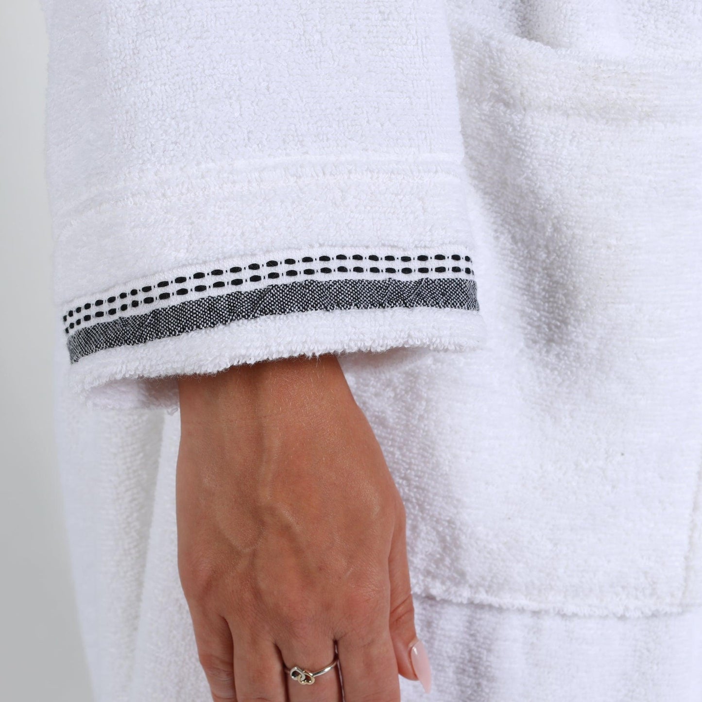 Turkish Cotton Terry Kimono Embroidered Super-Soft Unisex Bathrobe - White-Black