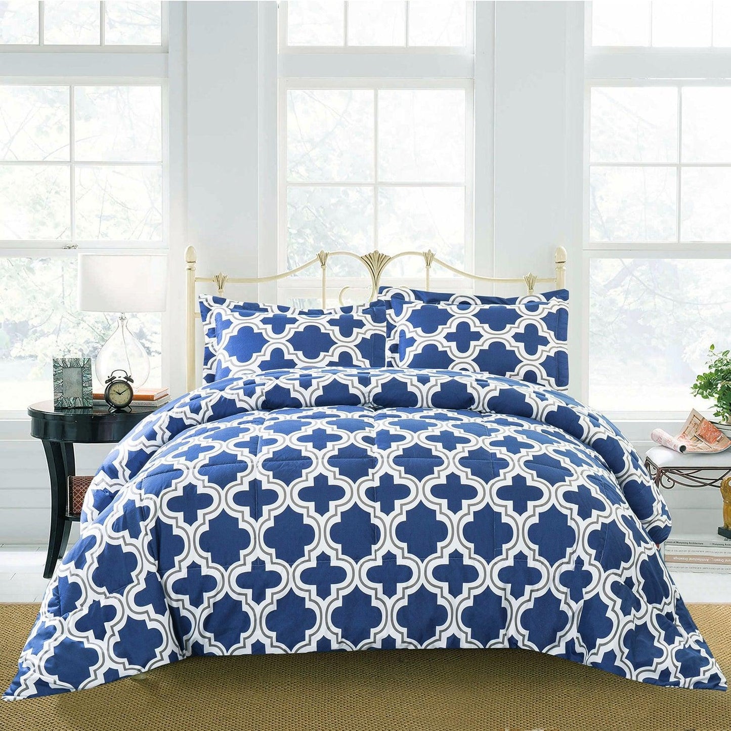 Superior Moroccan Trellis Microfiber Comforter Set - Navy Blue