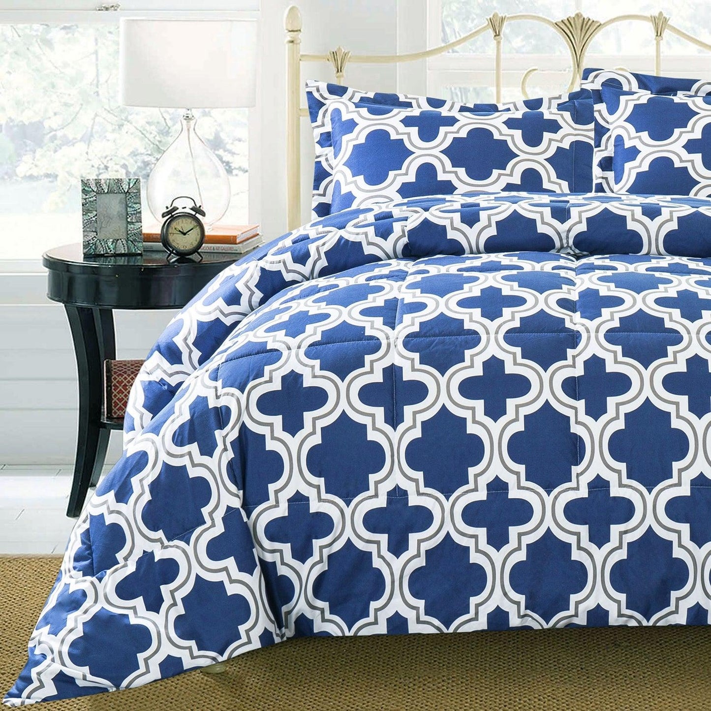 Superior Moroccan Trellis Microfiber Comforter Set - Navy Blue