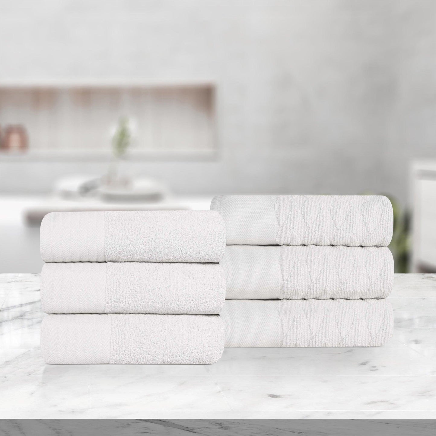 Turkish Cotton Jacquard Herringbone and Solid 6 Piece Hand Towel Set