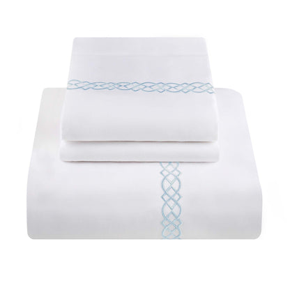 1000 Thread Count Egyptian Cotton Embroidered Duvet Cover Set - White/Blue