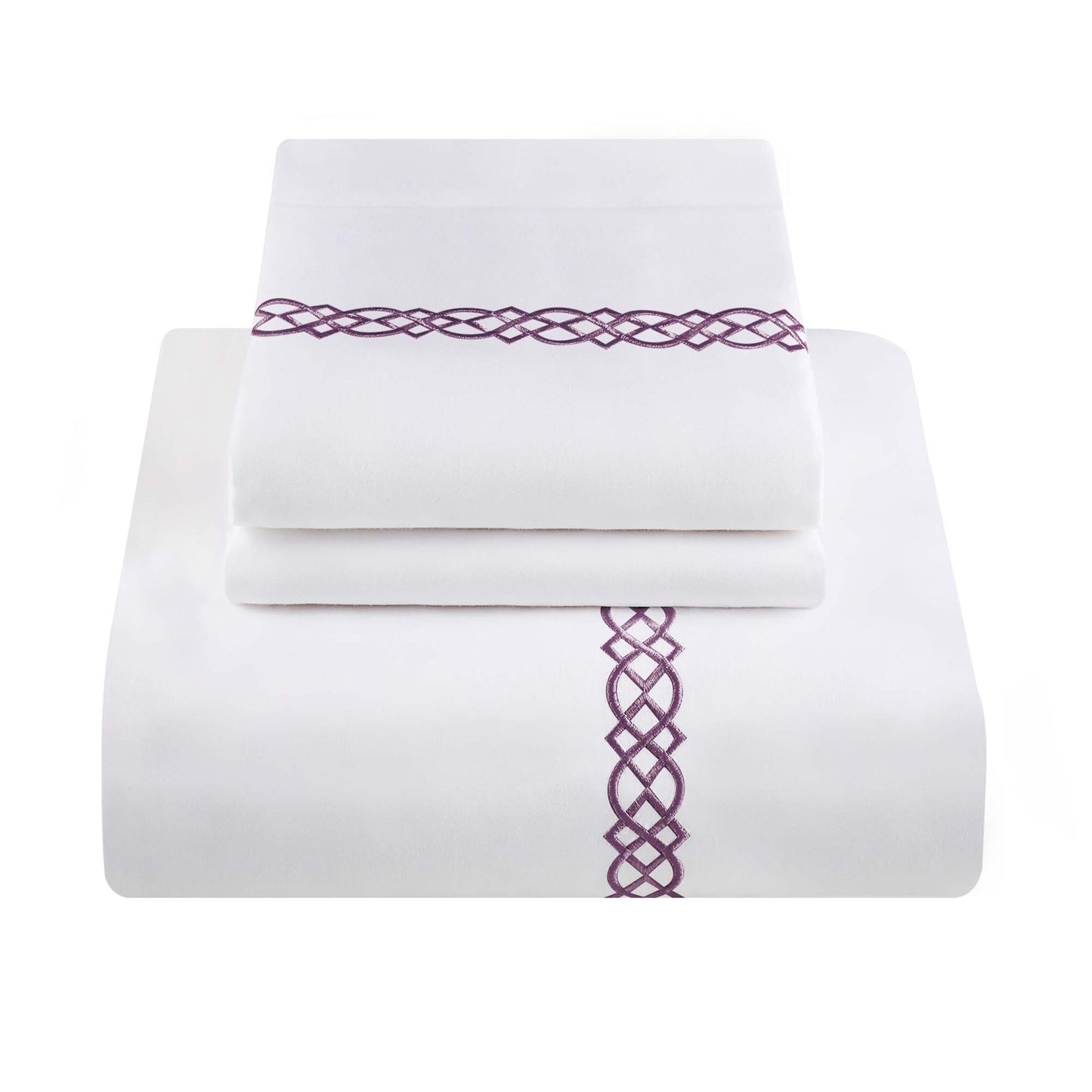 1000 Thread Count Egyptian Cotton Embroidered Duvet Cover Set - White/Plum