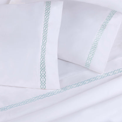 Egyptian Cotton 1000 Thread Count Embroidered Bed Sheet Set - White - Blue