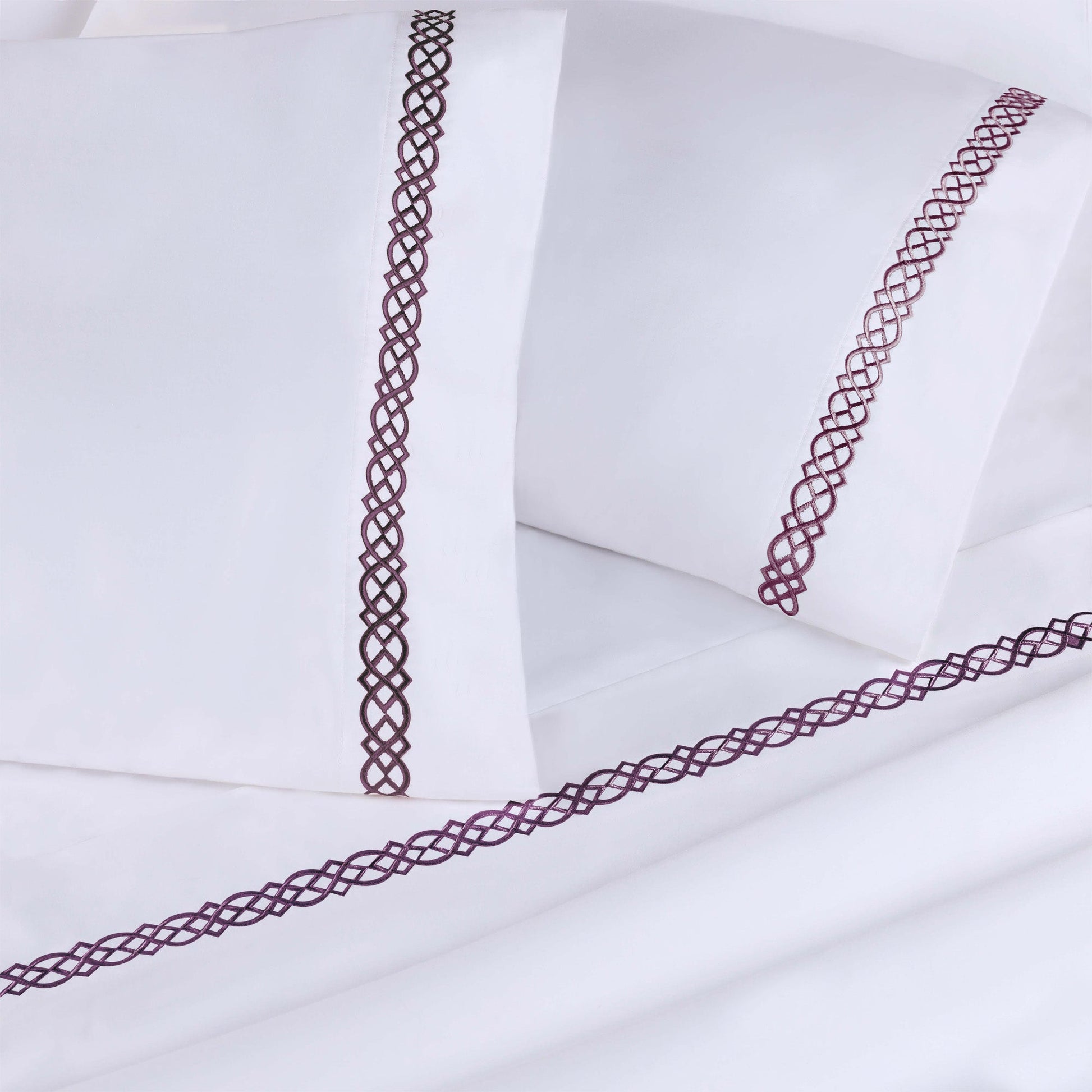 Egyptian Cotton 1000 Thread Count Embroidered Bed Sheet Set - White - Plum