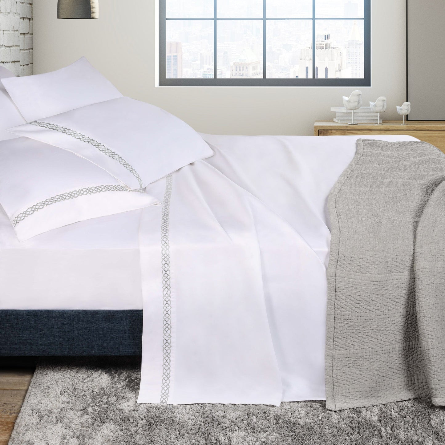 Egyptian Cotton 1000 Thread Count Embroidered Bed Sheet Set - White - Platinum