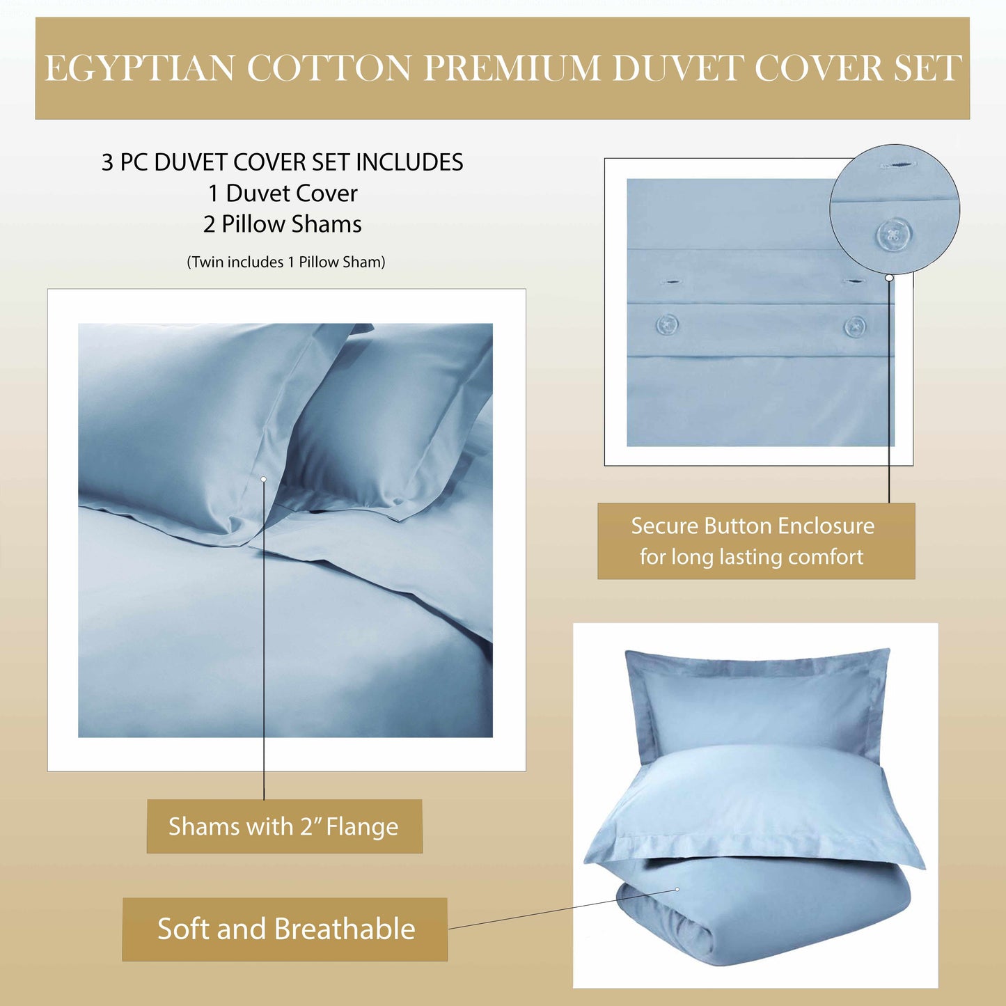  Superior Egyptian Cotton Solid All-Season Duvet Cover Set with Button Closure - Light Blue