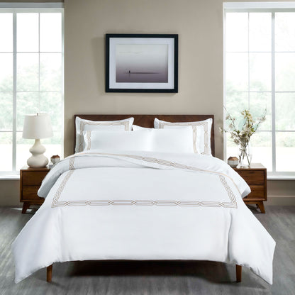 Superior Egyptian Cotton 1200 Thread Count Embroidered Geometric Scroll Duvet Cover Set - White-Taupe