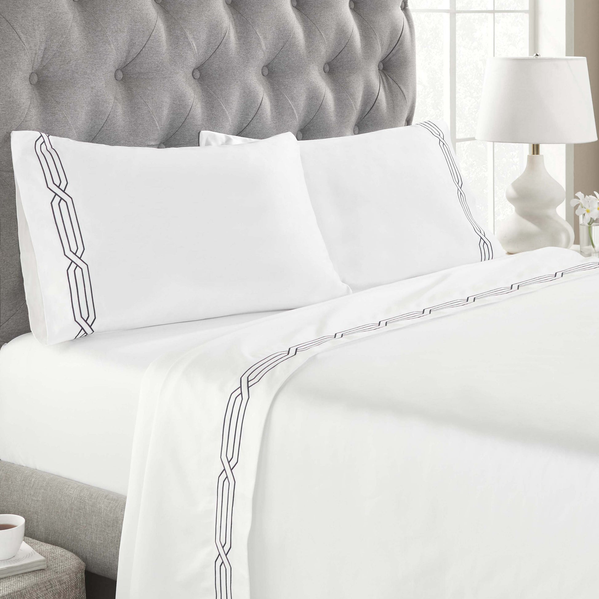 Superior Egyptian Cotton 1200 Thread Count Embroidered Geometric Scroll Bed Sheet Set - White-NavyBlue