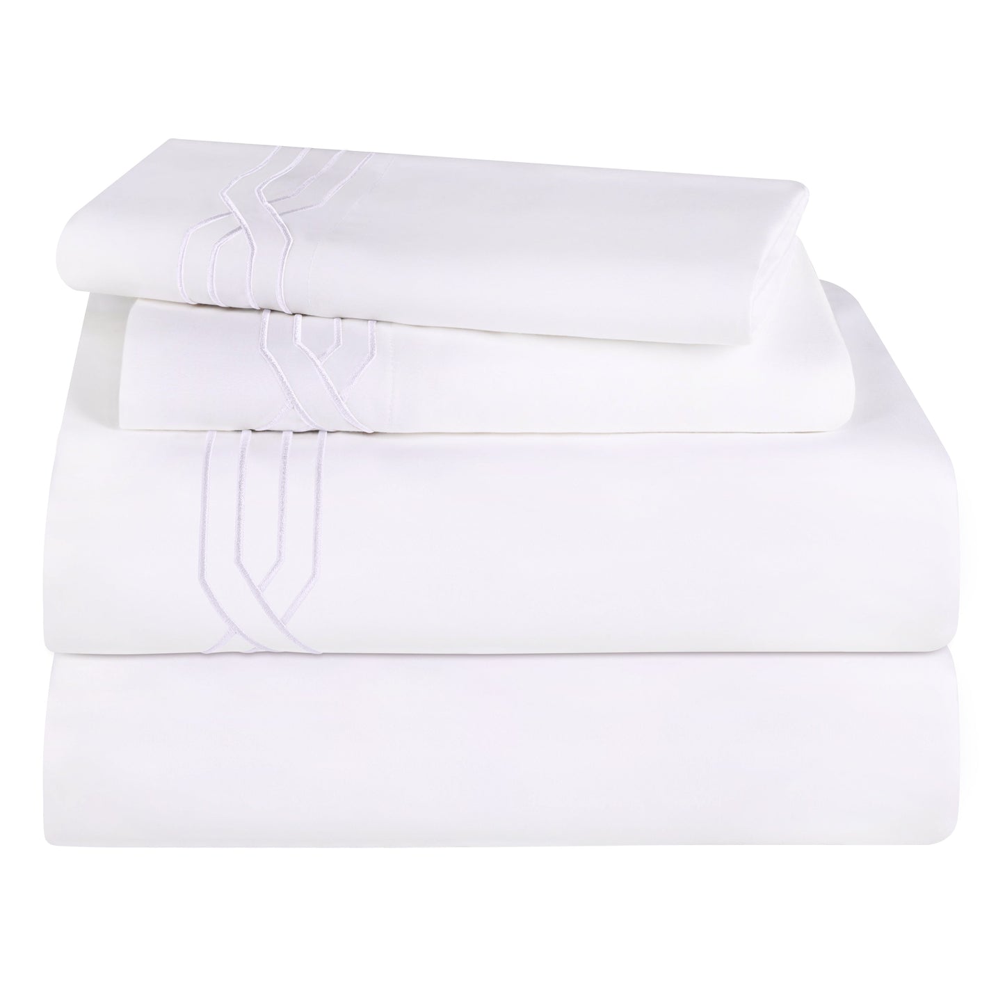 Superior Egyptian Cotton 1200 Thread Count Embroidered Geometric Scroll Bed Sheet Set - White- White