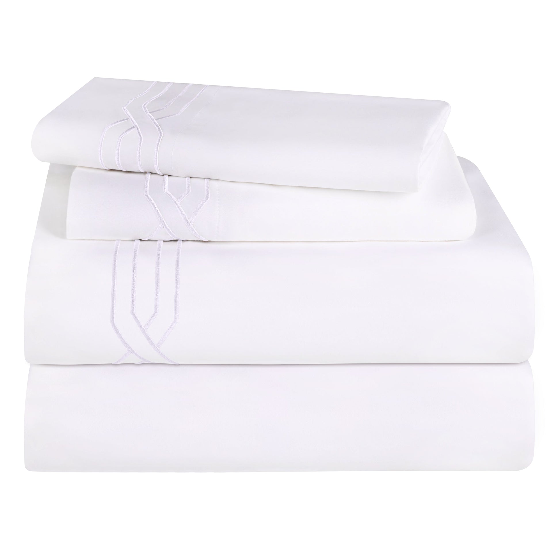 Superior Egyptian Cotton 1200 Thread Count Embroidered Geometric Scroll Bed Sheet Set - White- White