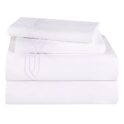 Superior Egyptian Cotton 1200 Thread Count Embroidered Geometric Scroll Bed Sheet Set - White- White