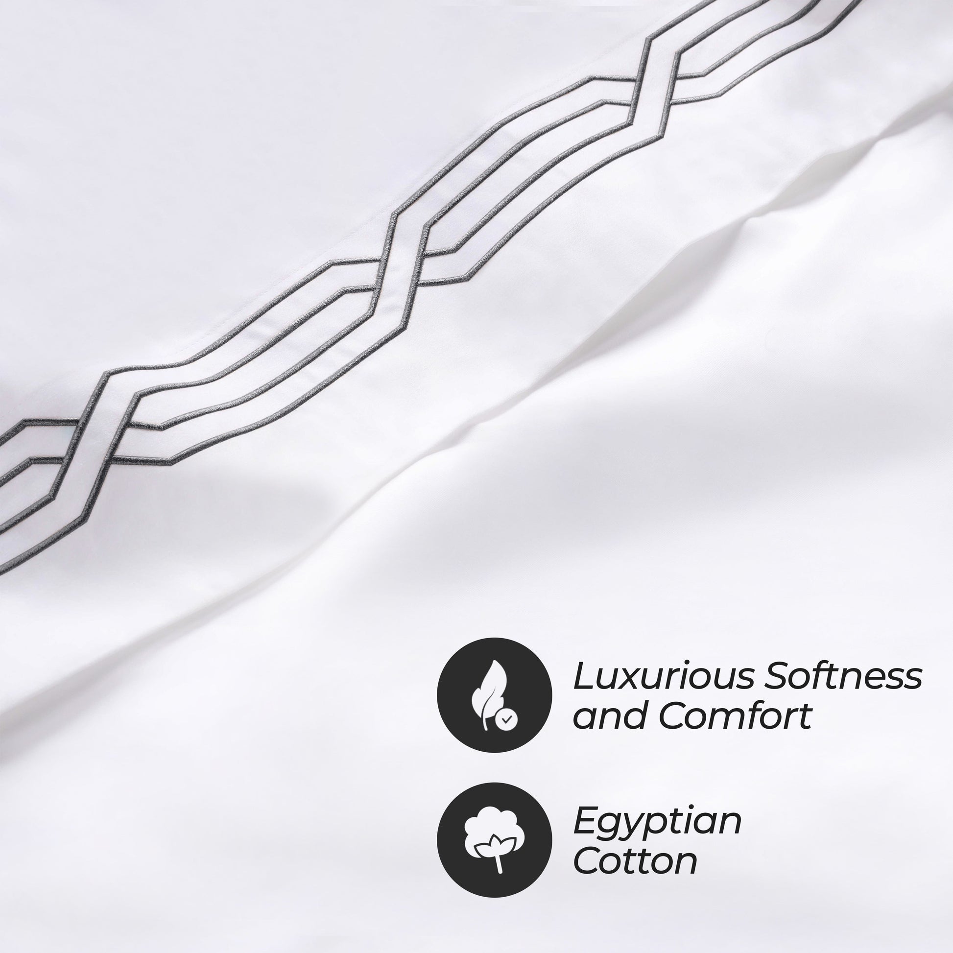 Superior Egyptian Cotton 1200 Thread Count Embroidered Geometric Scroll Bed Sheet Set - White-Charcoal