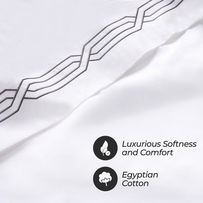 Superior Egyptian Cotton 1200 Thread Count Embroidered Geometric Scroll Bed Sheet Set - White-Charcoal
