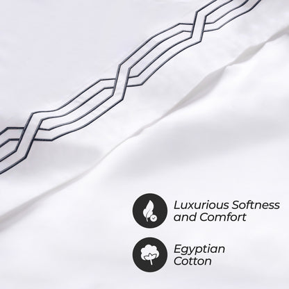 Superior Egyptian Cotton 1200 Thread Count Embroidered Geometric Scroll Bed Sheet Set - White-Navy Blue