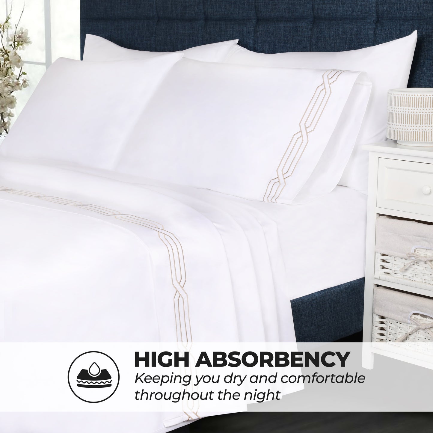 Superior Egyptian Cotton 1200 Thread Count Embroidered Geometric Scroll Bed Sheet Set - White-Taupe