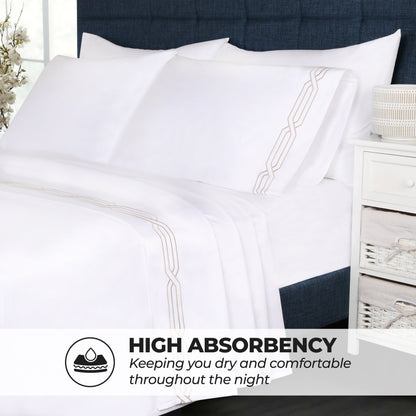 Superior Egyptian Cotton 1200 Thread Count Embroidered Geometric Scroll Bed Sheet Set - White-Taupe