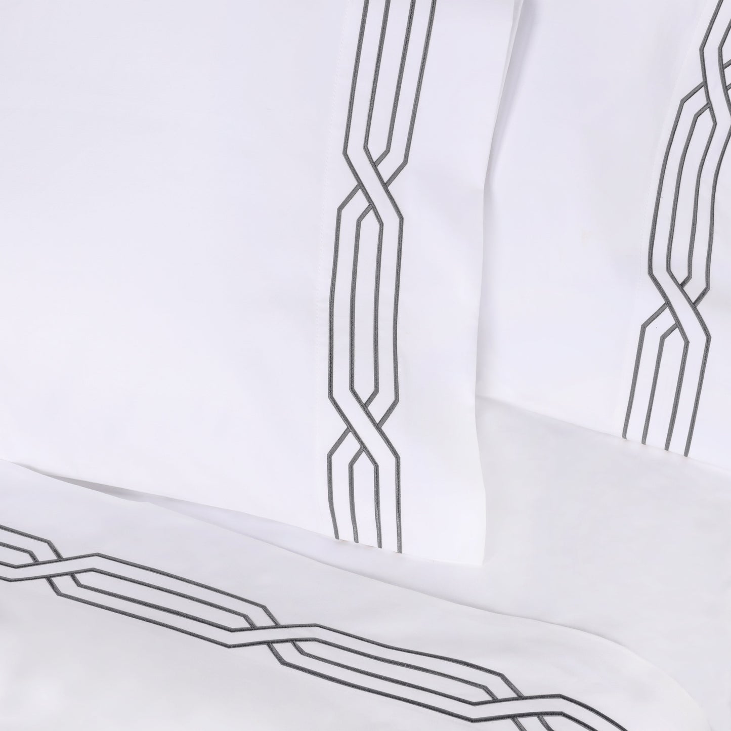 Superior Egyptian Cotton 1200 Thread Count Embroidered Geometric Scroll Bed Sheet Set - White-Charcoal