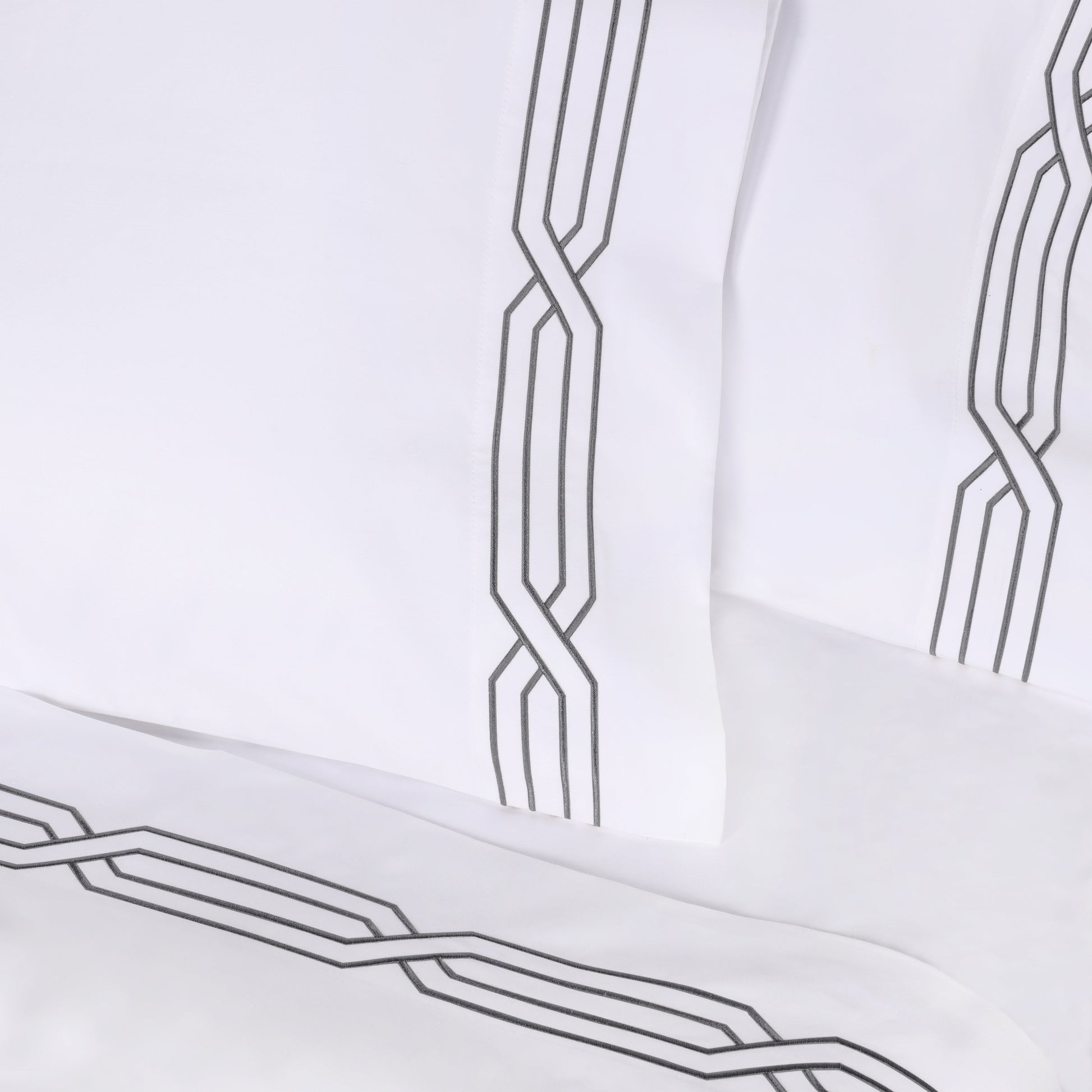 Superior Egyptian Cotton 1200 Thread Count Embroidered Geometric Scroll Bed Sheet Set - White-Charcoal
