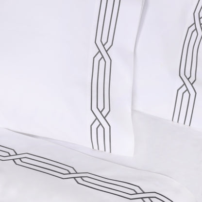 Superior Egyptian Cotton 1200 Thread Count Embroidered Geometric Scroll Bed Sheet Set - White-Charcoal