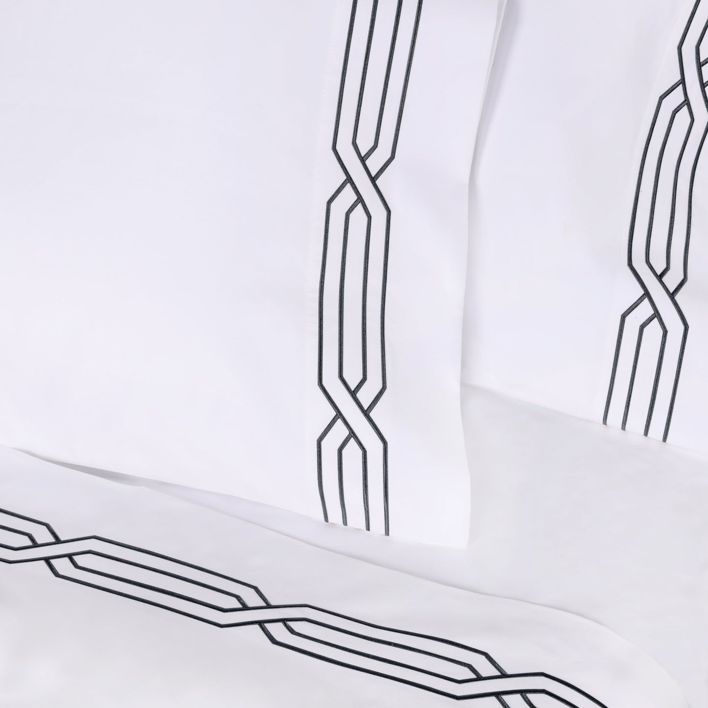 Superior Egyptian Cotton 1200 Thread Count Embroidered Geometric Scroll Bed Sheet Set - White-Navy Blue