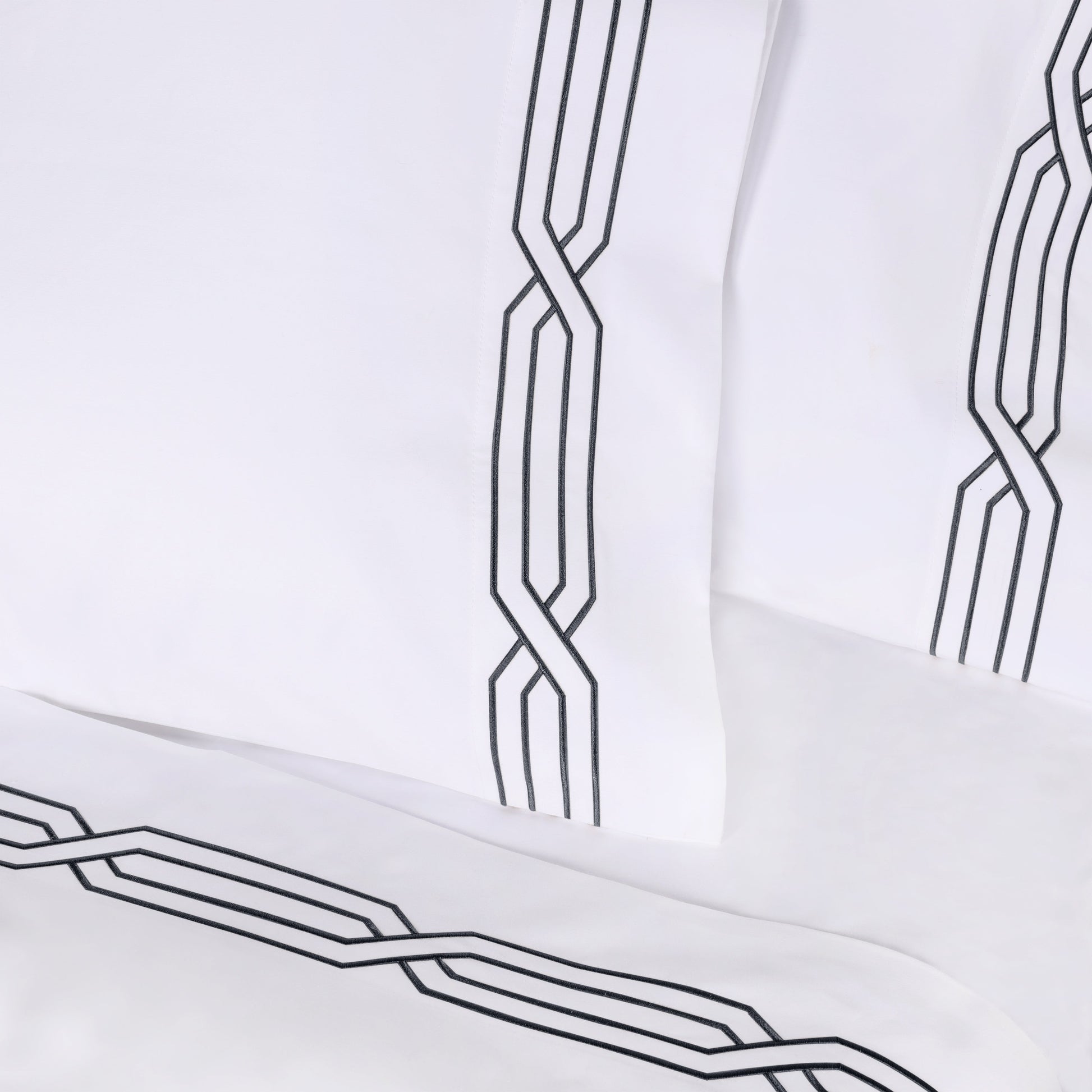 Superior Egyptian Cotton 1200 Thread Count Embroidered Geometric Scroll Bed Sheet Set - White-Navy Blue