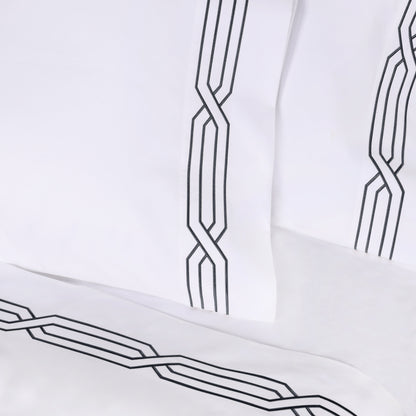 Superior Egyptian Cotton 1200 Thread Count Embroidered Geometric Scroll Bed Sheet Set - White-Navy Blue