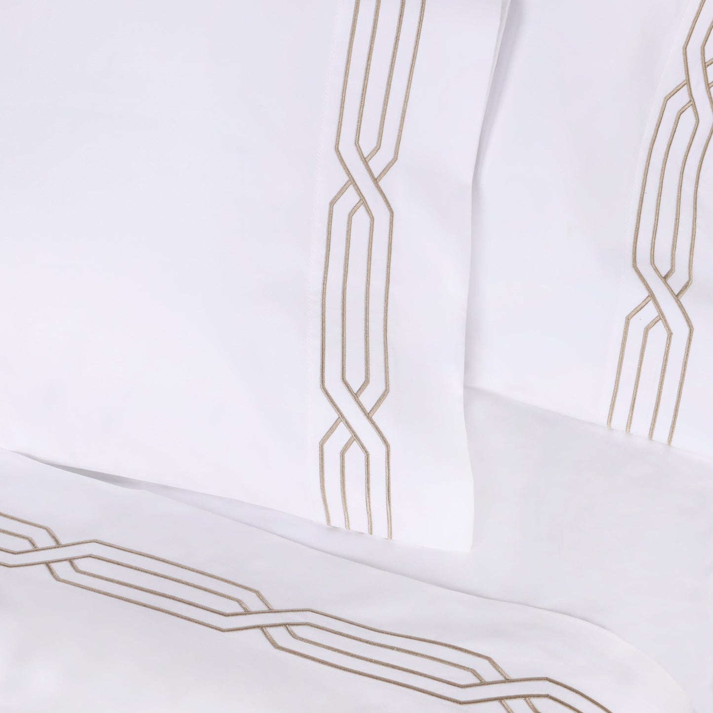 Superior Egyptian Cotton 1200 Thread Count Embroidered Geometric Scroll Bed Sheet Set - White-Taupe