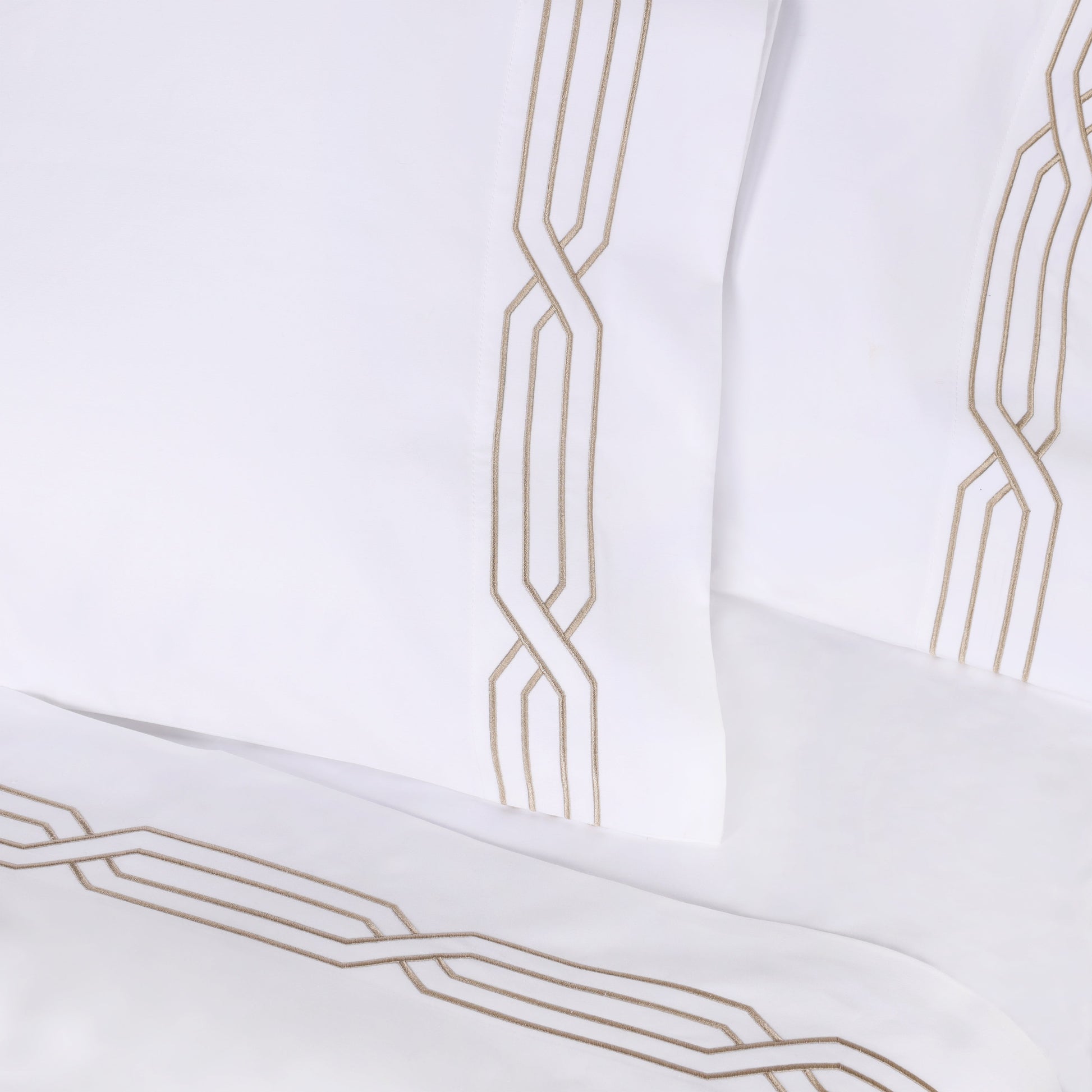 Superior Egyptian Cotton 1200 Thread Count Embroidered Geometric Scroll Bed Sheet Set - White-Taupe
