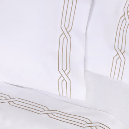 Superior Egyptian Cotton 1200 Thread Count Embroidered Geometric Scroll Bed Sheet Set - White-Taupe