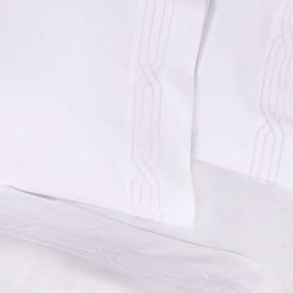 Superior Egyptian Cotton 1200 Thread Count Embroidered Geometric Scroll Bed Sheet Set - White-White