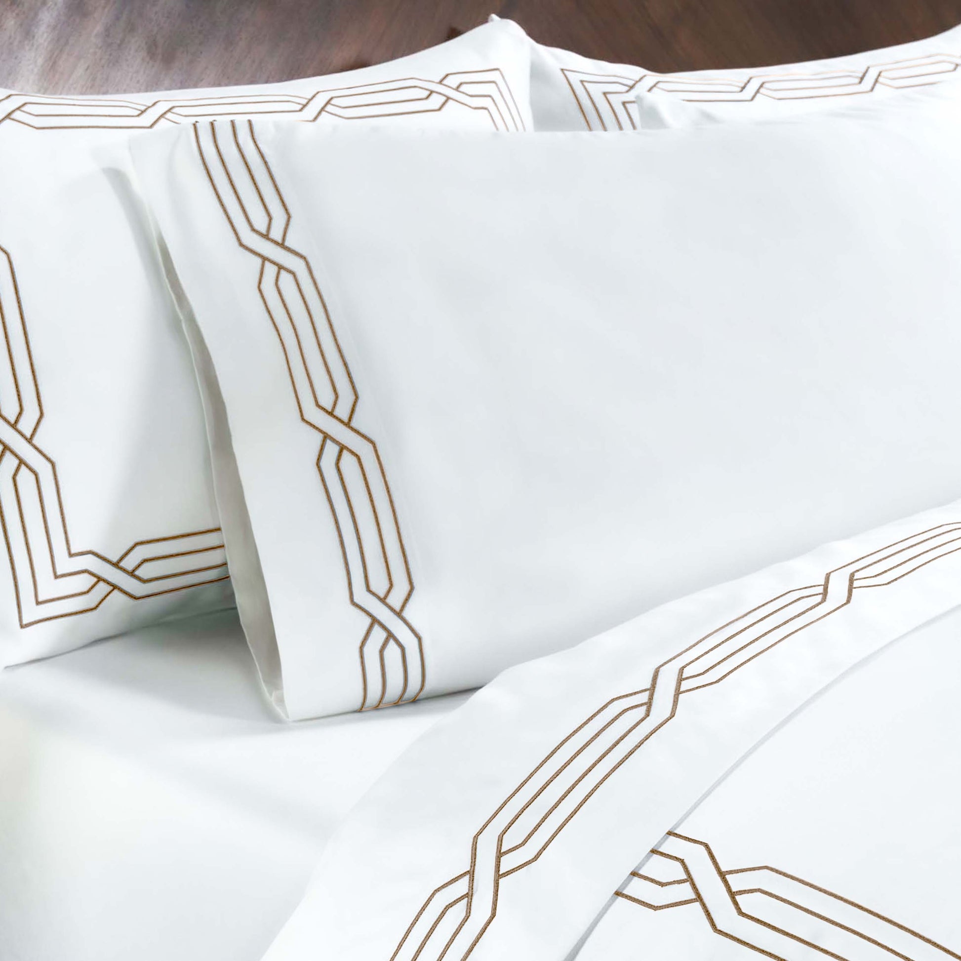 Superior Egyptian Cotton 1200 Thread Count Embroidered Geometric Scroll Bed Sheet Set - White-Taupe