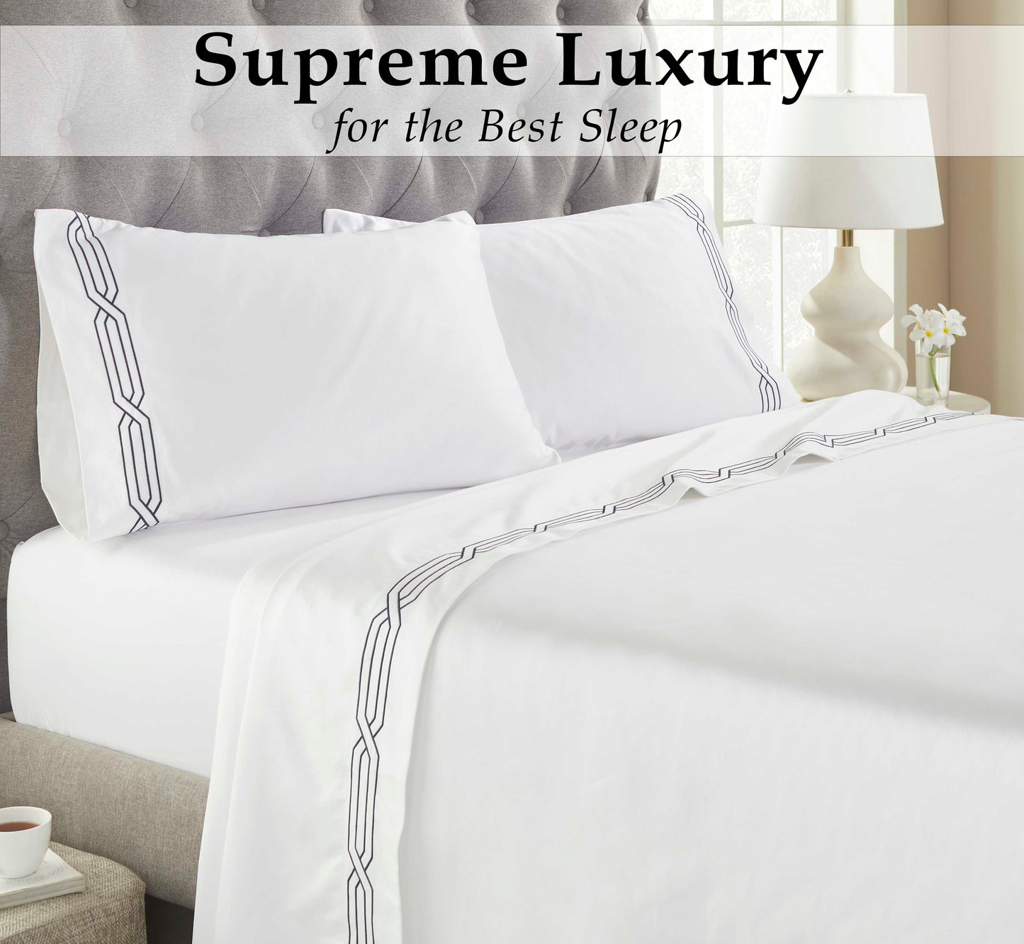 Superior Egyptian Cotton 1200 Thread Count Embroidered Geometric Scroll Bed Sheet Set - White-White