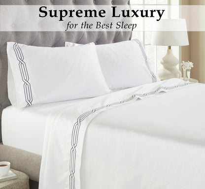 Superior Egyptian Cotton 1200 Thread Count Embroidered Geometric Scroll Bed Sheet Set - White-White