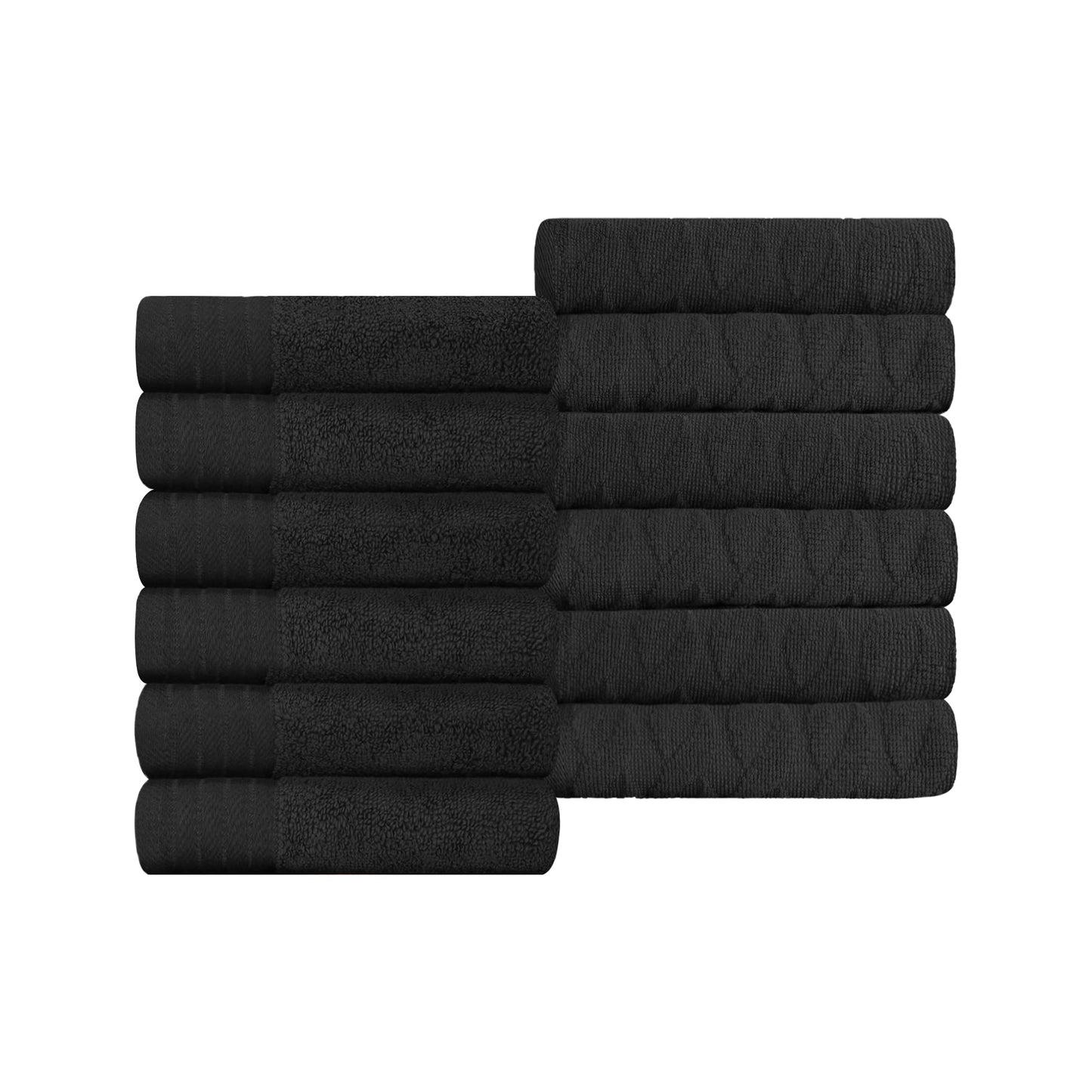 Premium Turkish Cotton Jacquard Herringbone and Solid 12-Piece Face Towel/ Washcloth Set - Black