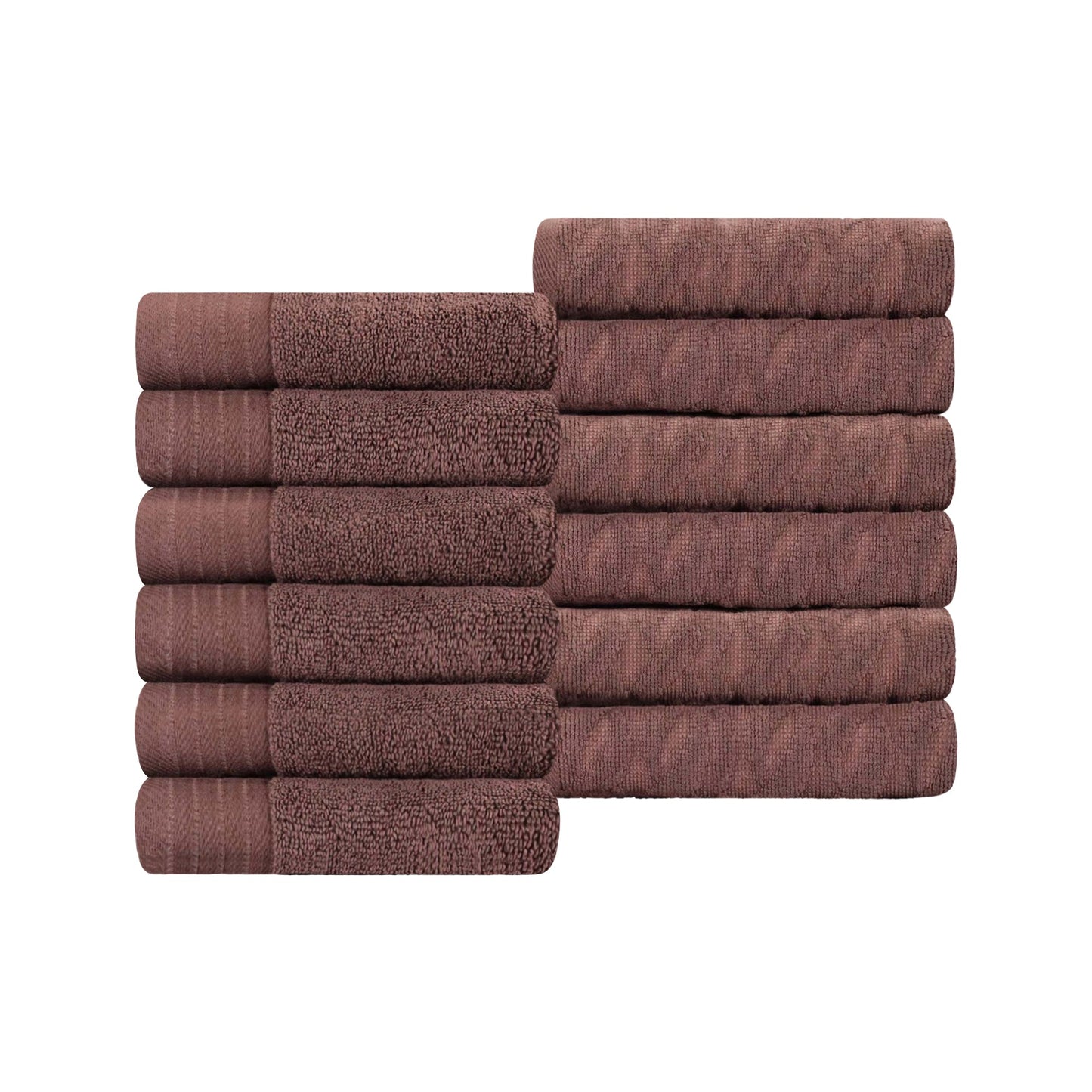 Premium Turkish Cotton Jacquard Herringbone and Solid 12-Piece Face Towel/ Washcloth Set -  Chocolate