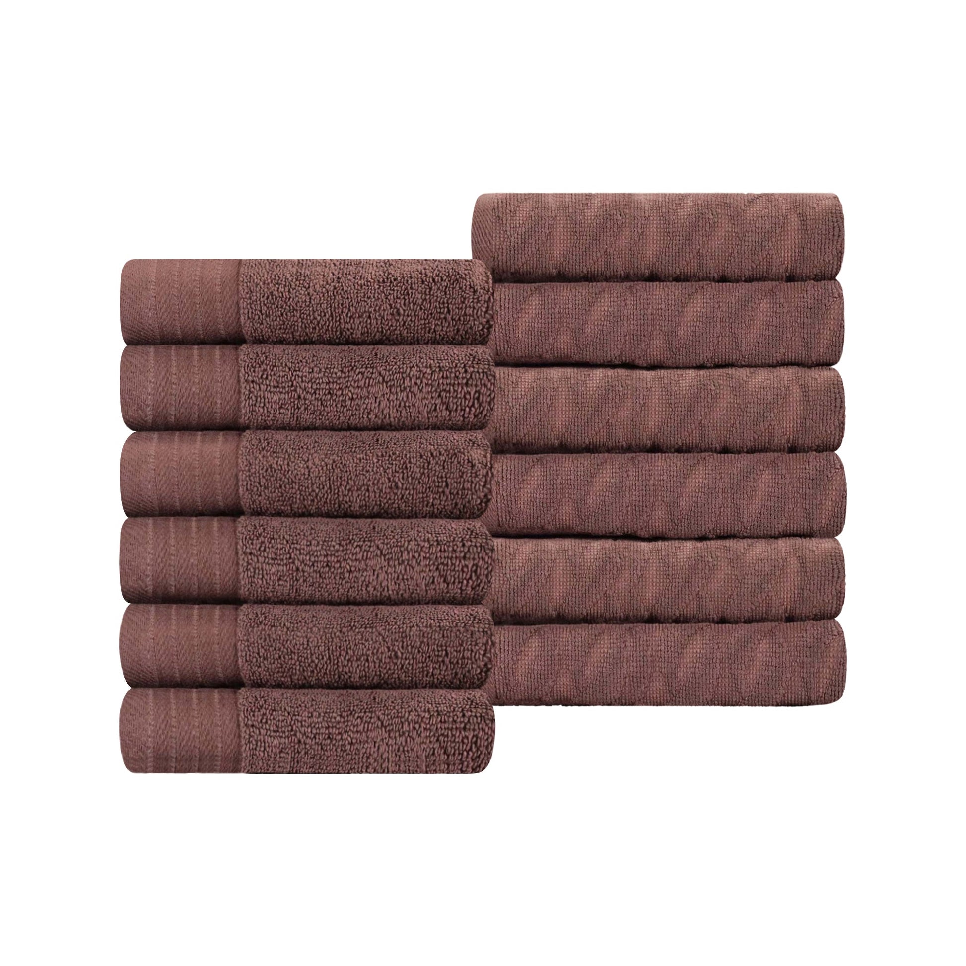 Premium Turkish Cotton Jacquard Herringbone and Solid 12-Piece Face Towel/ Washcloth Set -  Chocolate