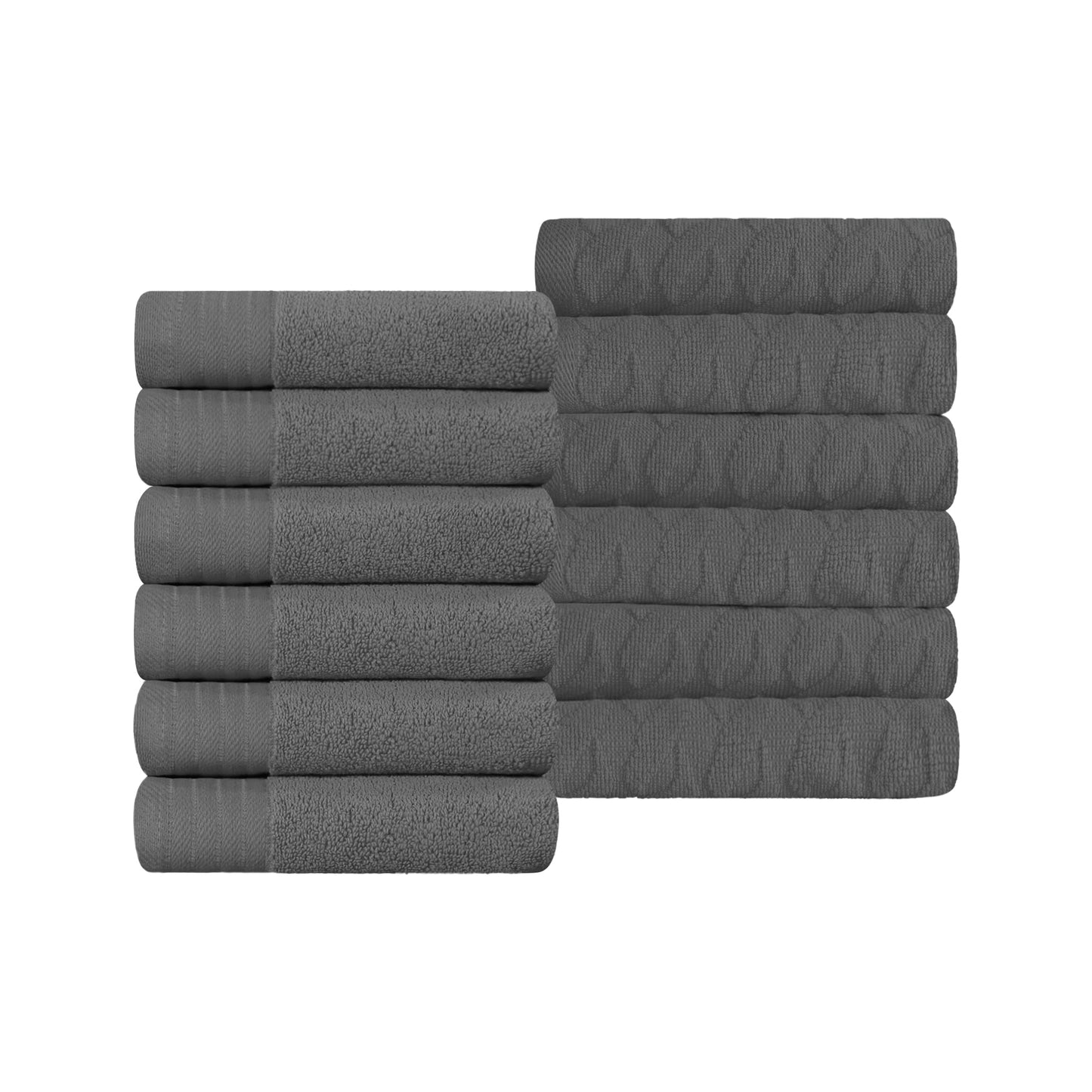 Premium Turkish Cotton Jacquard Herringbone and Solid 12-Piece Face Towel/ Washcloth Set - Grey