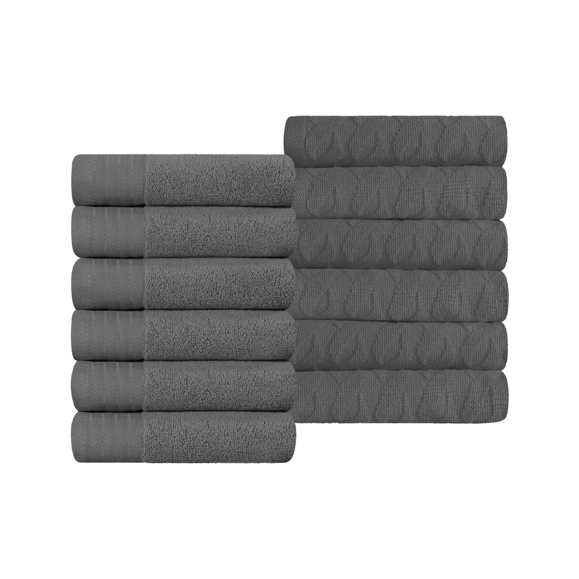 Premium Turkish Cotton Jacquard Herringbone and Solid 12-Piece Face Towel/ Washcloth Set - Grey