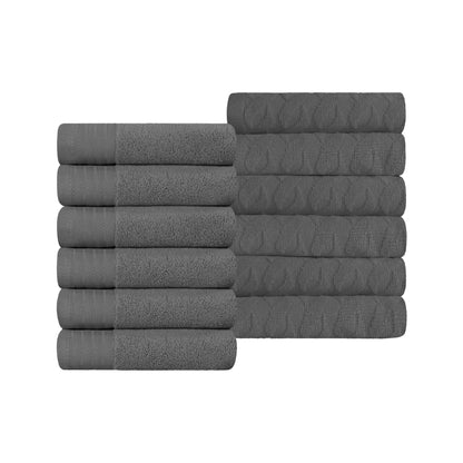 Premium Turkish Cotton Jacquard Herringbone and Solid 12-Piece Face Towel/ Washcloth Set - Grey