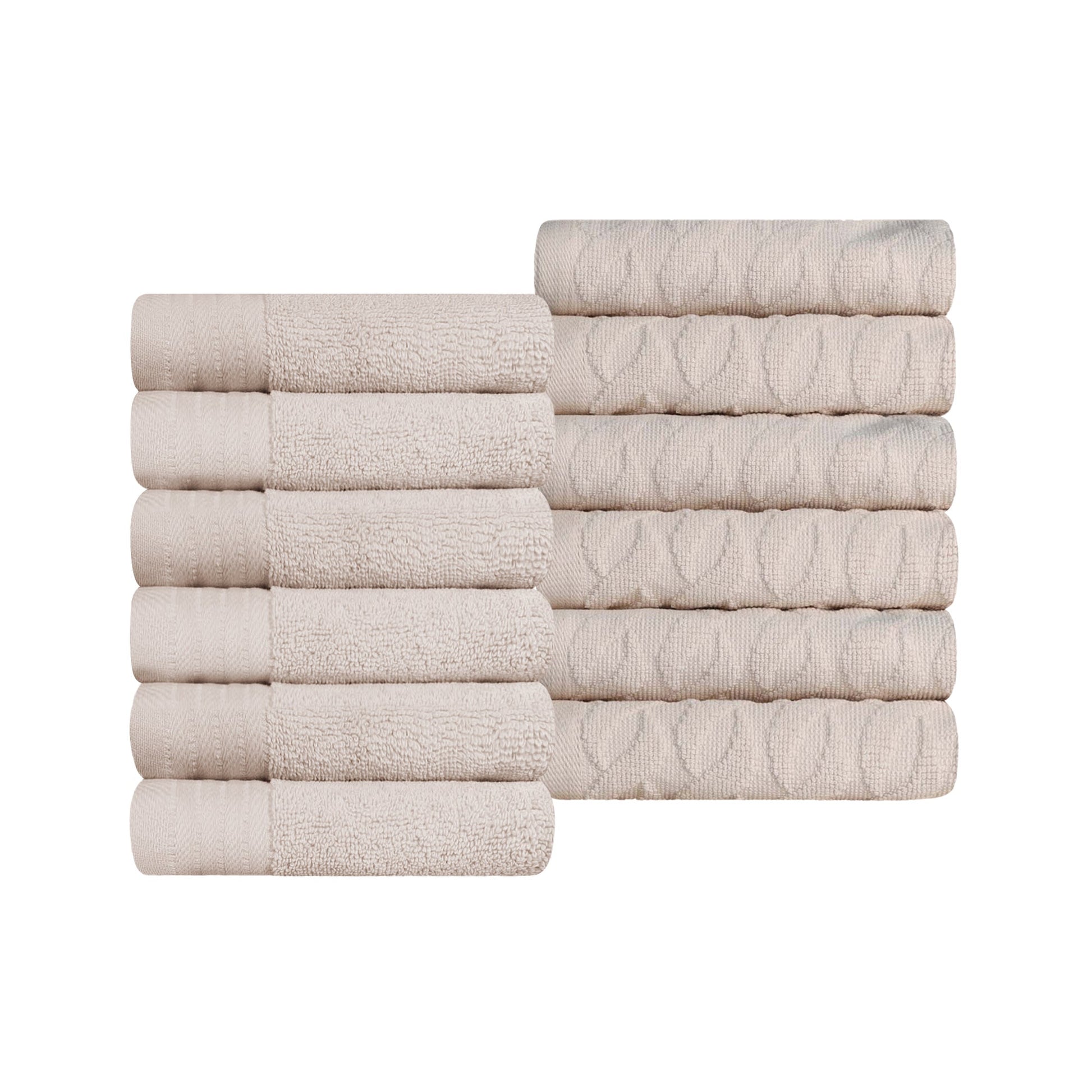 Premium Turkish Cotton Jacquard Herringbone and Solid 12-Piece Face Towel/ Washcloth Set -  Ivory