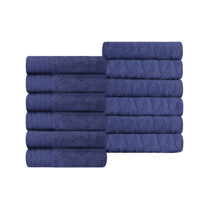 Premium Turkish Cotton Jacquard Herringbone and Solid 12-Piece Face Towel/ Washcloth Set - Navy Blue