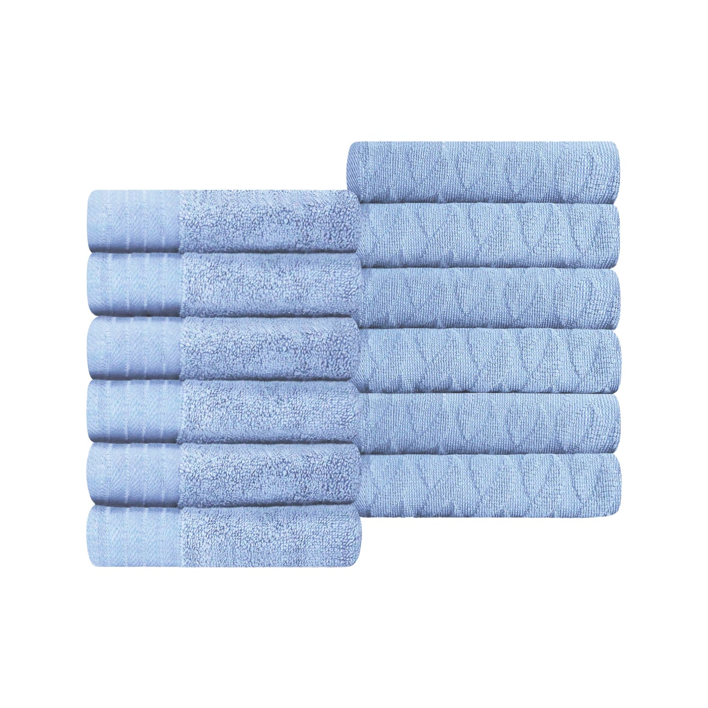 Premium Turkish Cotton Jacquard Herringbone and Solid 12-Piece Face Towel/ Washcloth Set - Pacific Blue