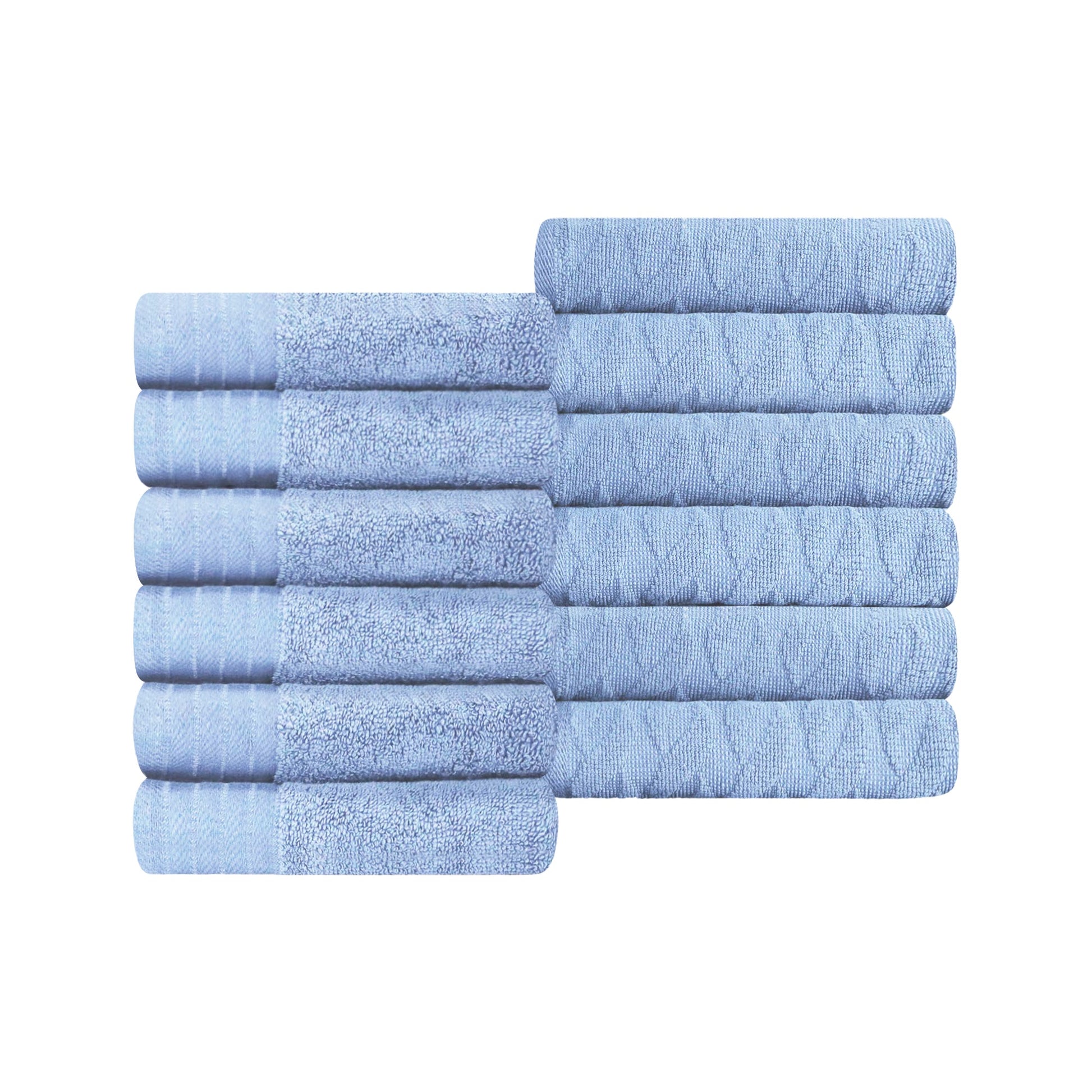 Premium Turkish Cotton Jacquard Herringbone and Solid 12-Piece Face Towel/ Washcloth Set - Pacific Blue