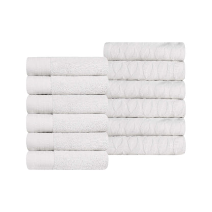 Premium Turkish Cotton Jacquard Herringbone and Solid 12-Piece Face Towel/ Washcloth Set - White