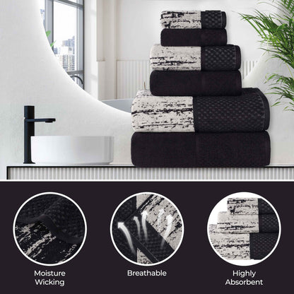 Lodie Cotton Jacquard Solid and Two-Toned Face Towel Washcloth Set of 12 - Black -Ivory