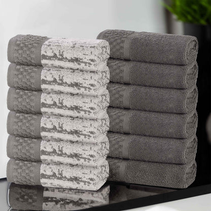 Lodie Cotton Jacquard Solid and Two-Toned Face Towel Washcloth Set of 12 - Charcoal-Ivory