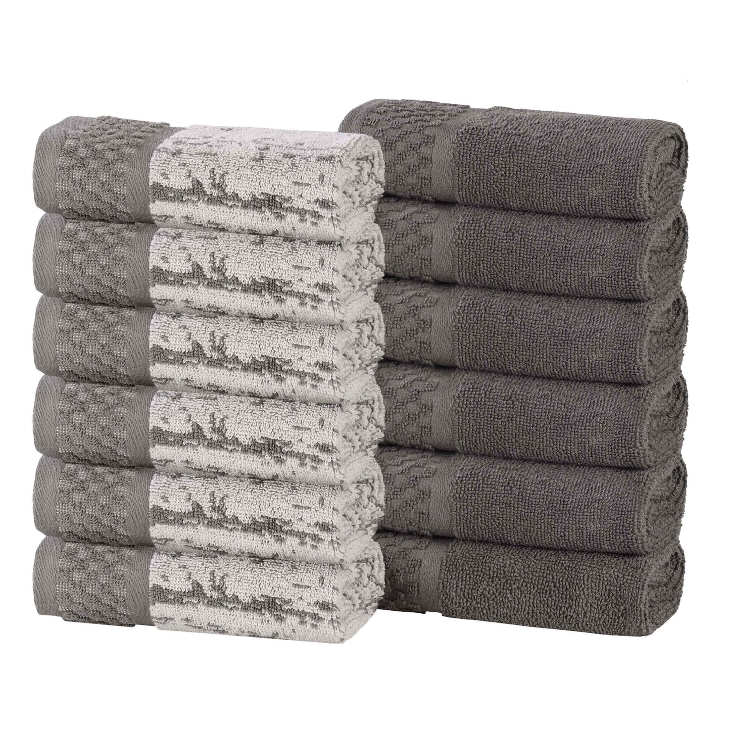 Lodie Cotton Jacquard Solid and Two-Toned Face Towel Washcloth Set of 12 - Charcoal-Ivory