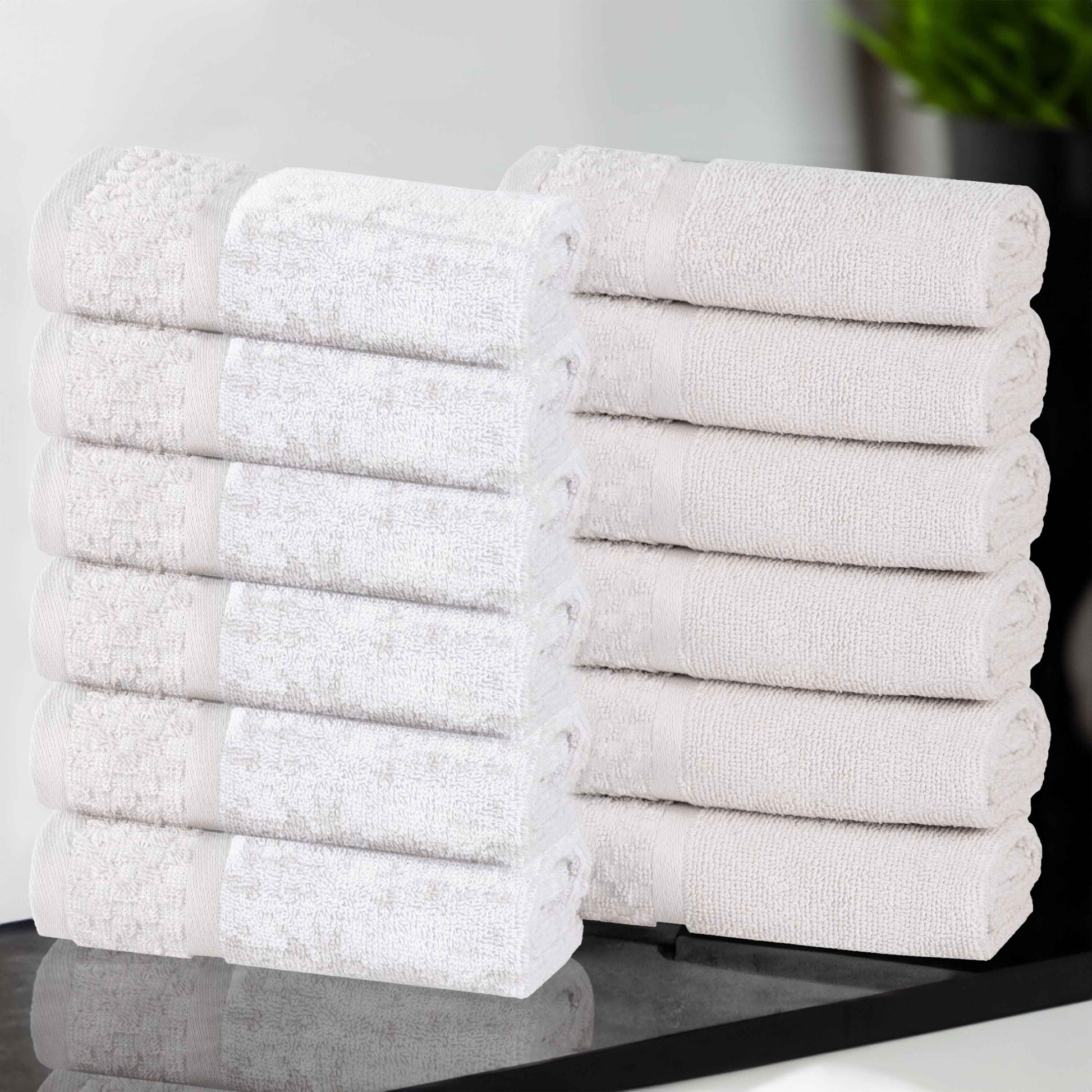 Lodie Cotton Jacquard Solid and Two-Toned Face Towel Washcloth Set of 12 - Stone-White