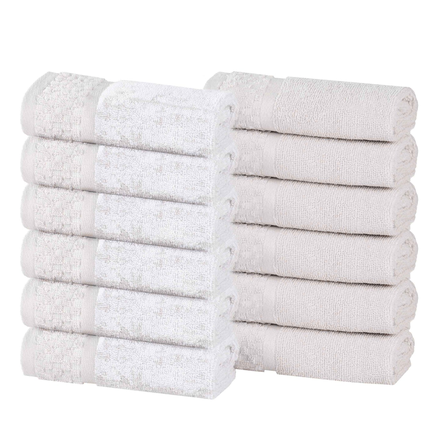 Lodie Cotton Jacquard Solid and Two-Toned Face Towel Washcloth Set of 12 - Stone-White